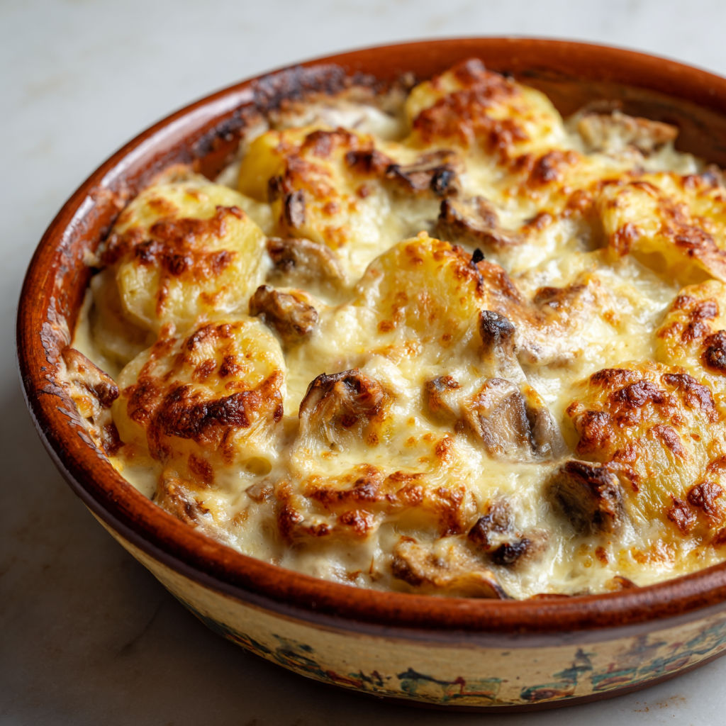 Un gratin doré de pommes de terre et champignons, prêt à partager.