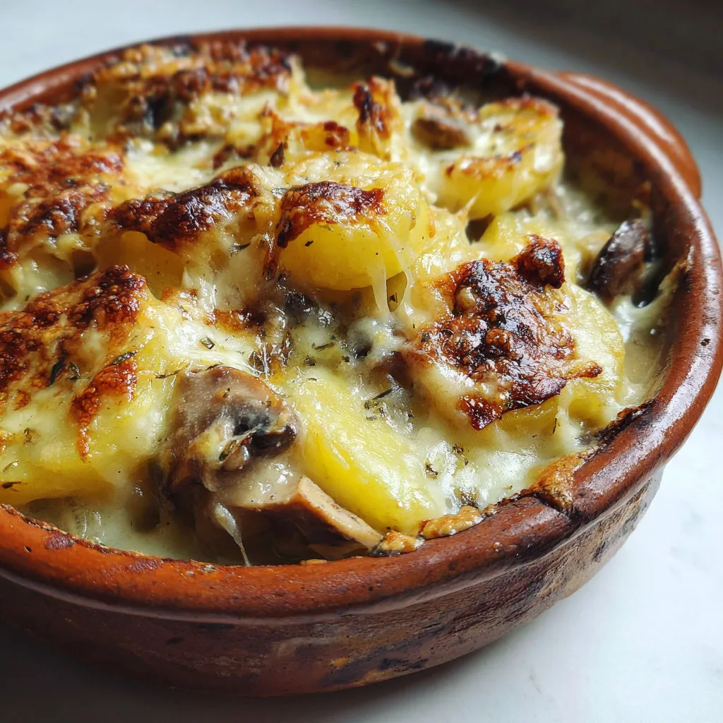 Plat tartiné pommes de terre et champignons servi dans un bol rustique.