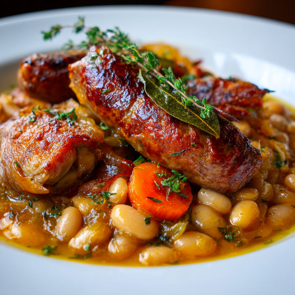 Un plat de cassoulet traditionnel avec haricots, viandes et légumes, parfait pour une grande tablée.