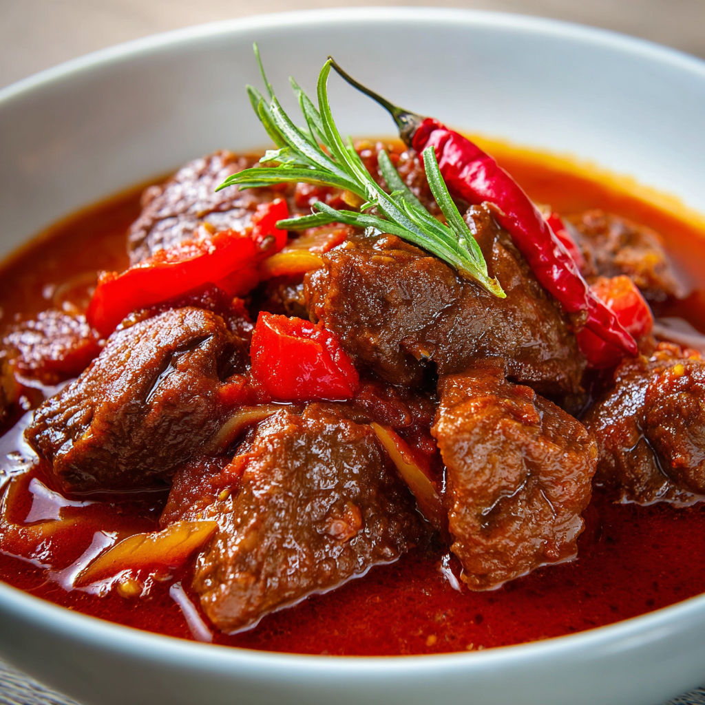 Boeuf tendre mijoté avec piment et légumes.