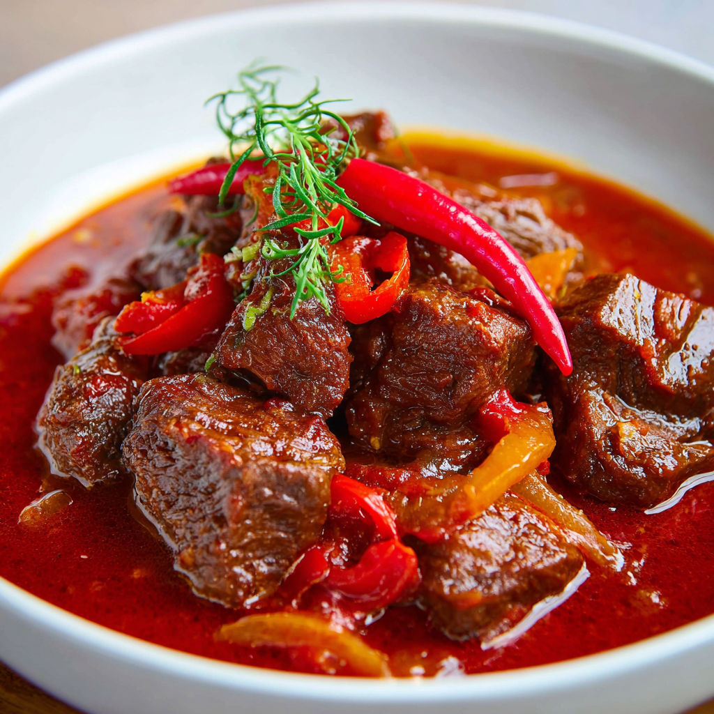 Un bol de bœuf mijoté avec épices et légumes colorés.