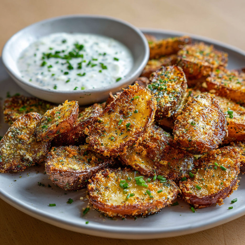 Des pommes croustillantes dorées et une sauce au parmesan prête à déguster.