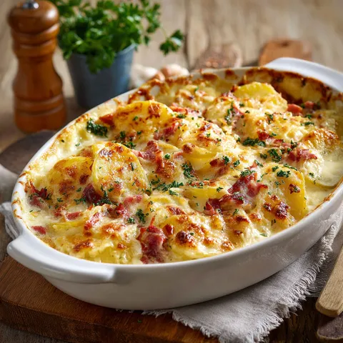 Un plat doré composé de bacon, parmesan et pommes de terre sur une table.