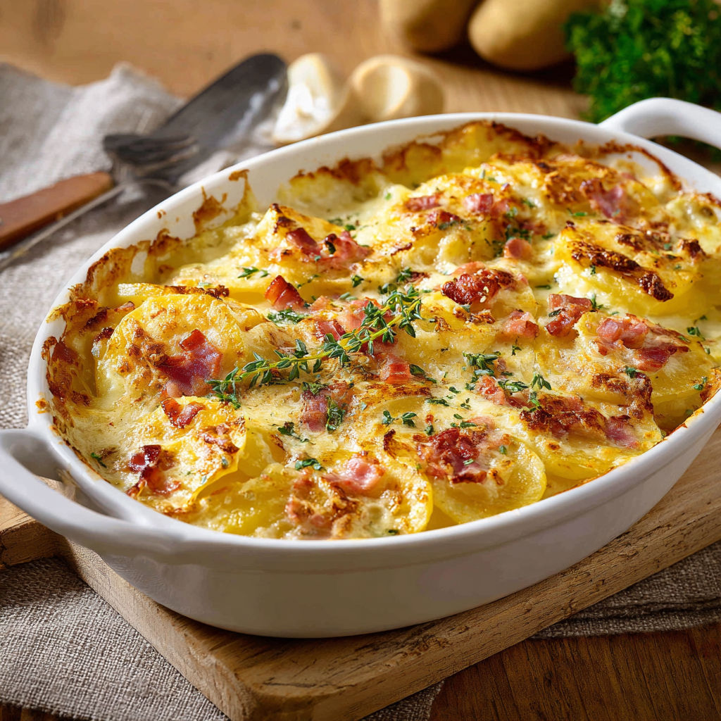 Gratin de pommes de terre tout doré avec quelques touches de verdure et légumes.