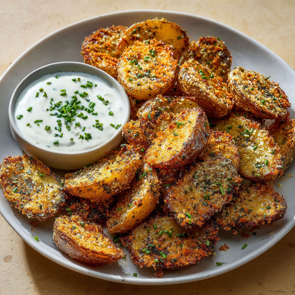 Assiette de patates croustillantes avec une sauce et un peu de piment dessus.