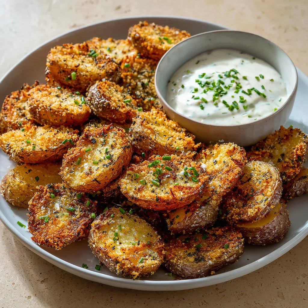 Assiette de pommes de terre croustillantes avec sauce et herbes fraîches.
