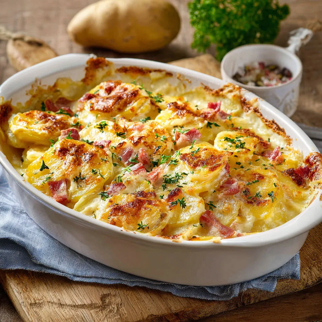 Gratin servi bien doré dans un joli bol, bacon croustillant sur le dessus.