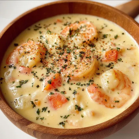 Un bol chaleureux rempli de soupe aux crevettes crémeuse servi sur une table en bois.