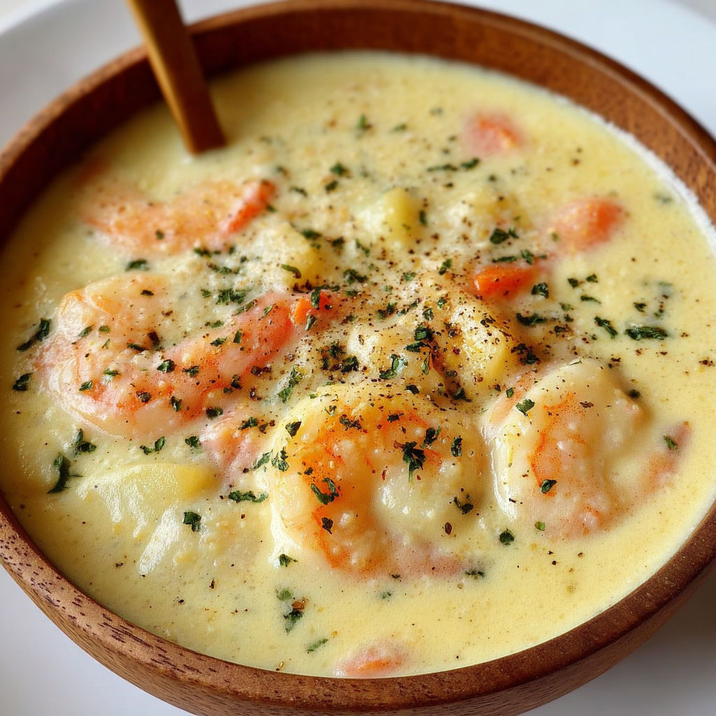 Une soupe crémeuse aux crevettes dans un bol en bois.