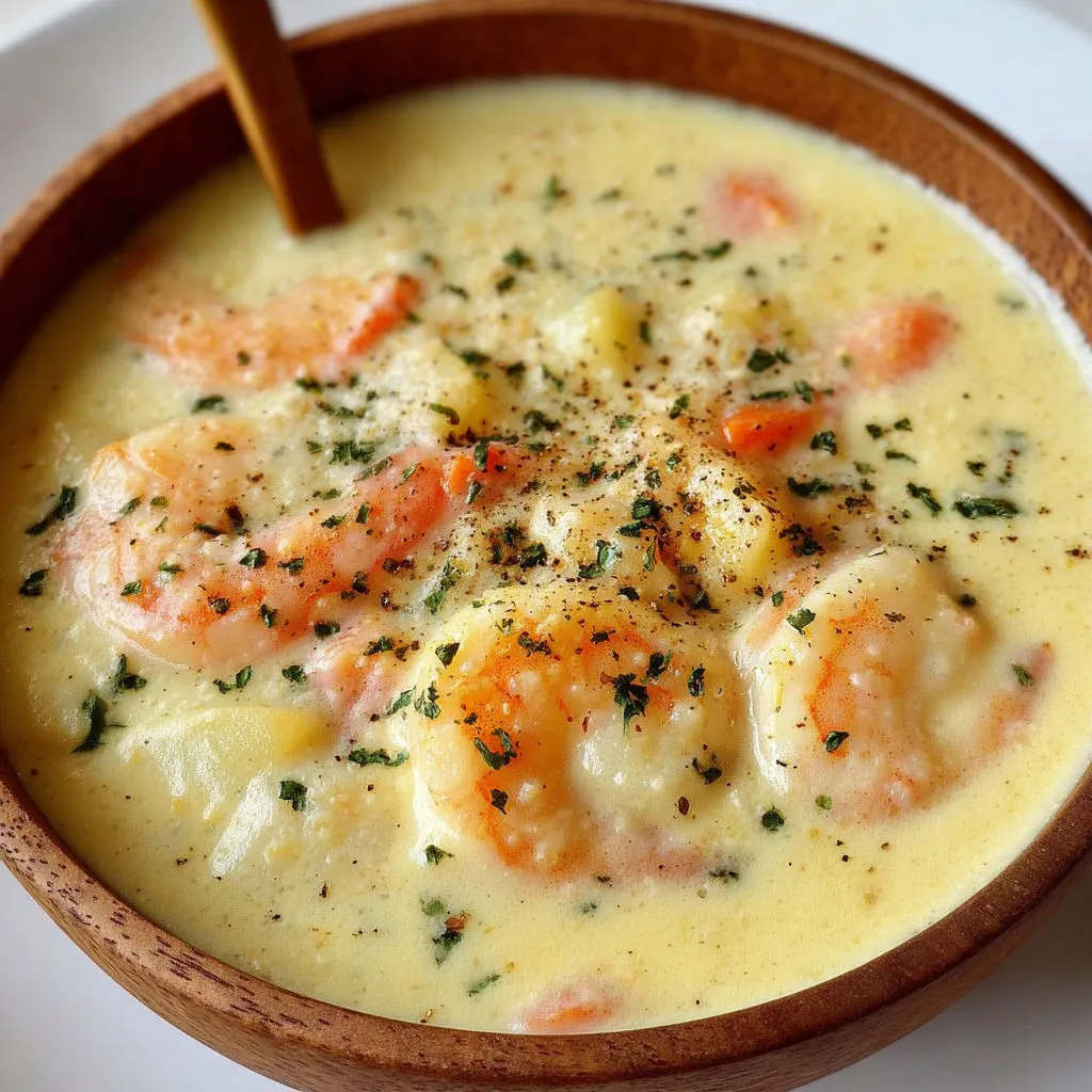 Une soupe crémeuse aux crevettes dans un bol en bois.