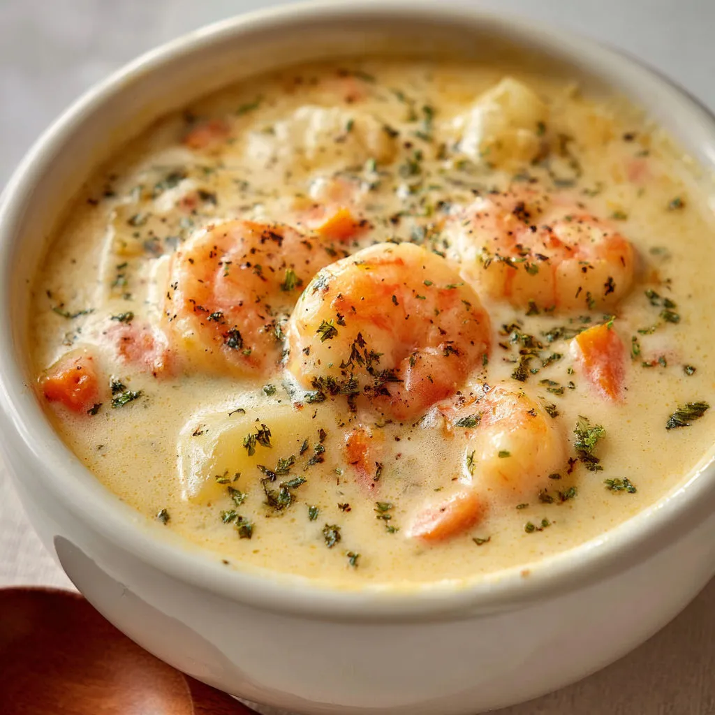 Une soupe crémeuse aux crevettes dans un bol en verre.