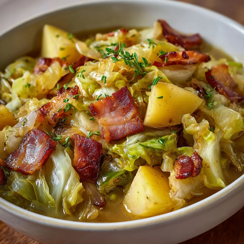 Un mélange de légumes et lard dans un bol, avec chou et bacon bien visibles.