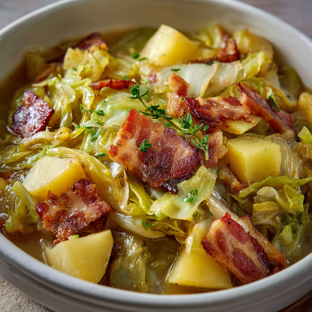 Soupe de légumes et lard épais, avec chou et bacon servis dans un bol.