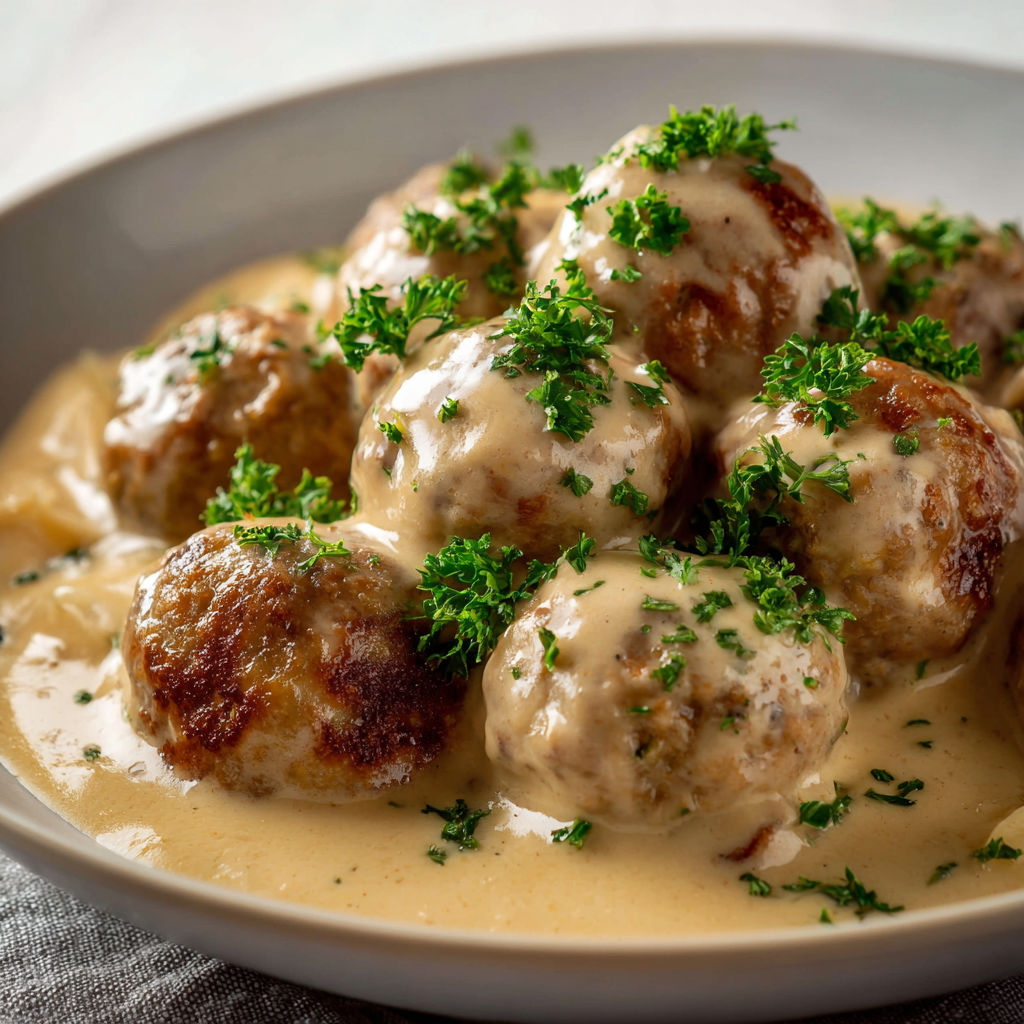 Assiette de boulettes nappées de sauce et servies avec des épinards.