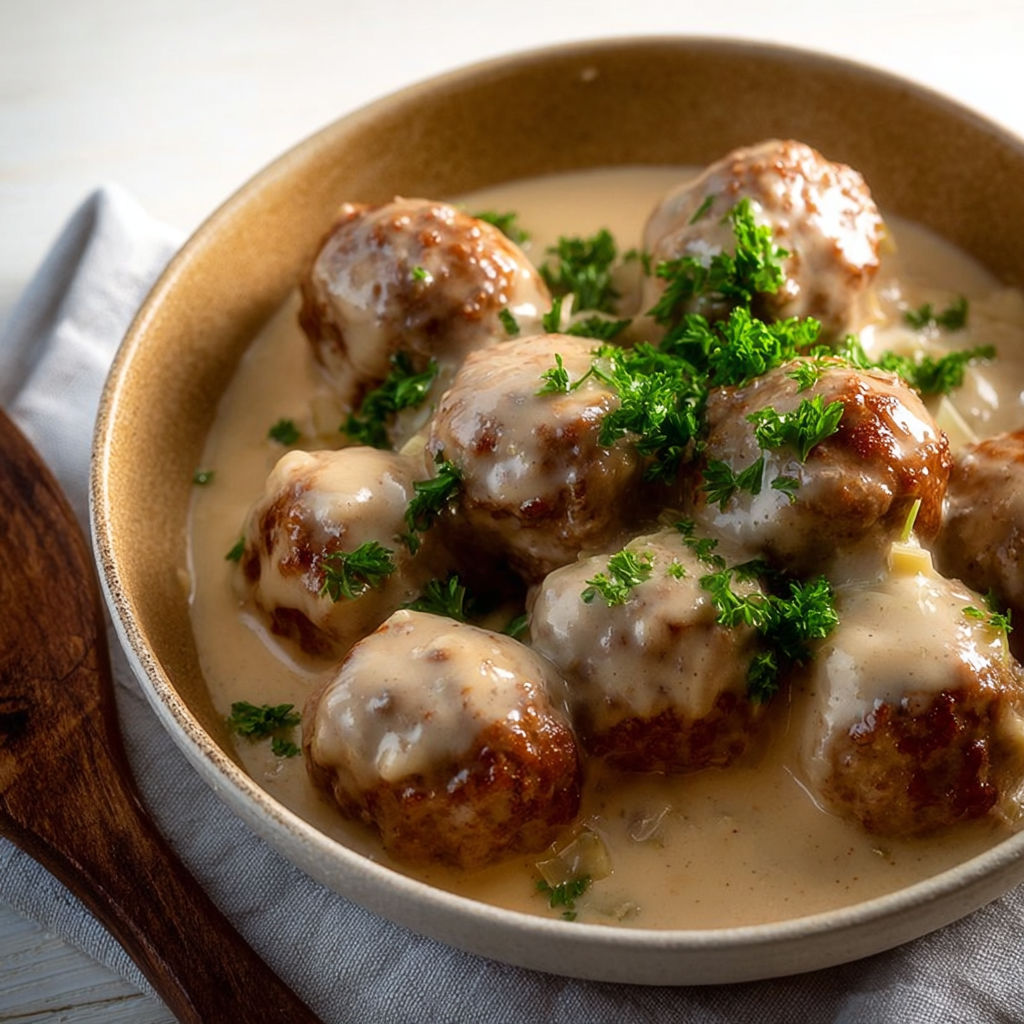 Boulettes de viande nappées de sauce au pesto dans un plat.