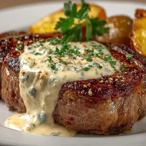 Plat avec entrecôte et sauce gorgonzola, accompagné de pommes de terre et d’herbes fraîches.