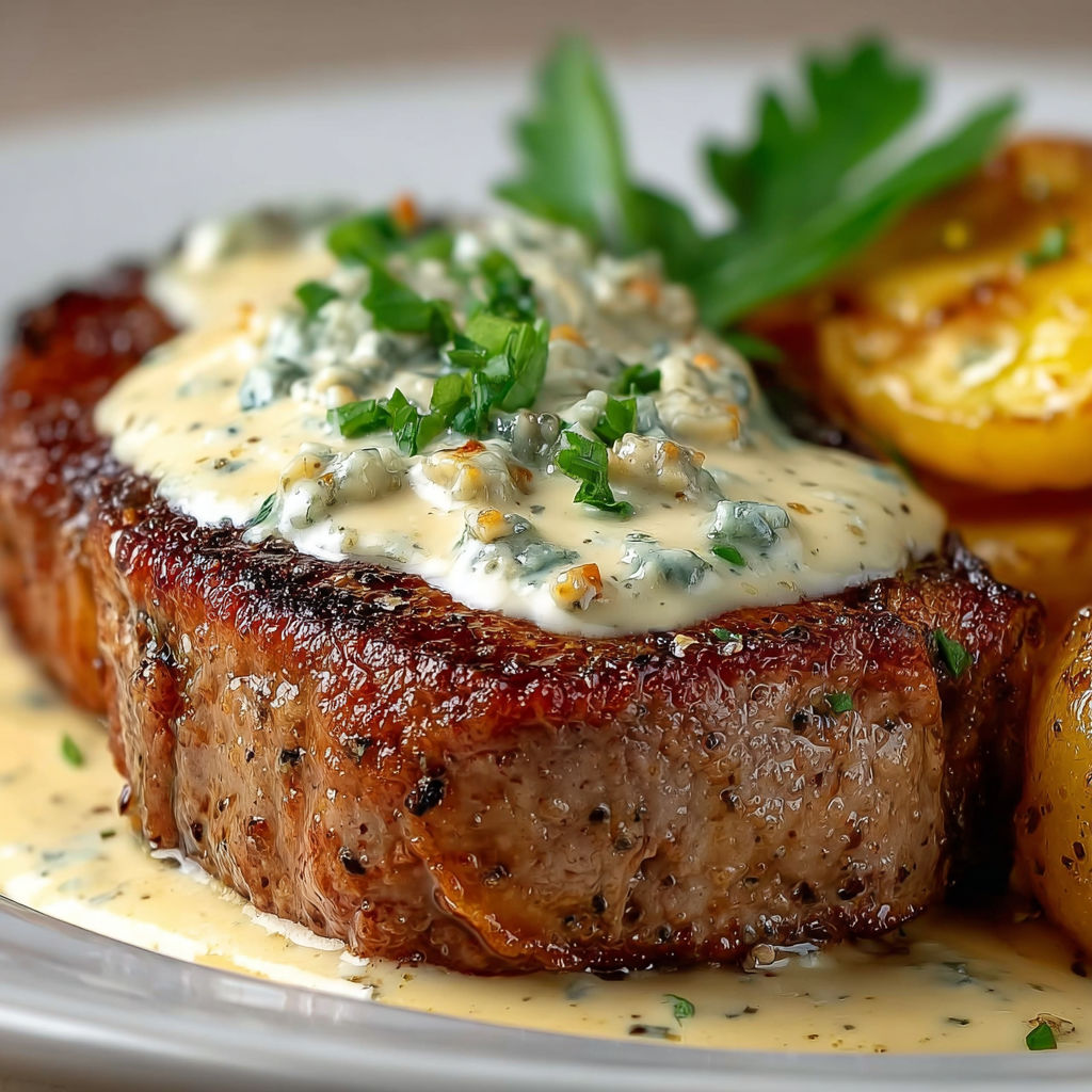 Une entrecôte grillée nappée de sauce crémeuse et légumes dorés.