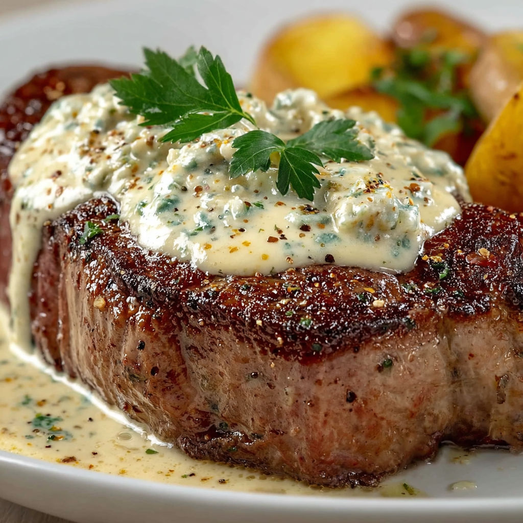 Une belle entrecôte grillée avec sauce gorgonzola et pommes de terre dorées.