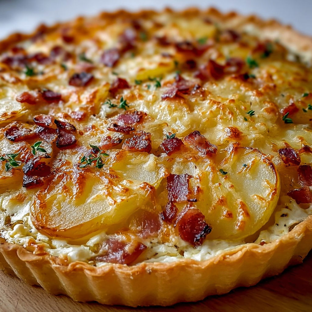 Tarte maison aux lardons, pommes de terre et oignons caramélisés sur bois.