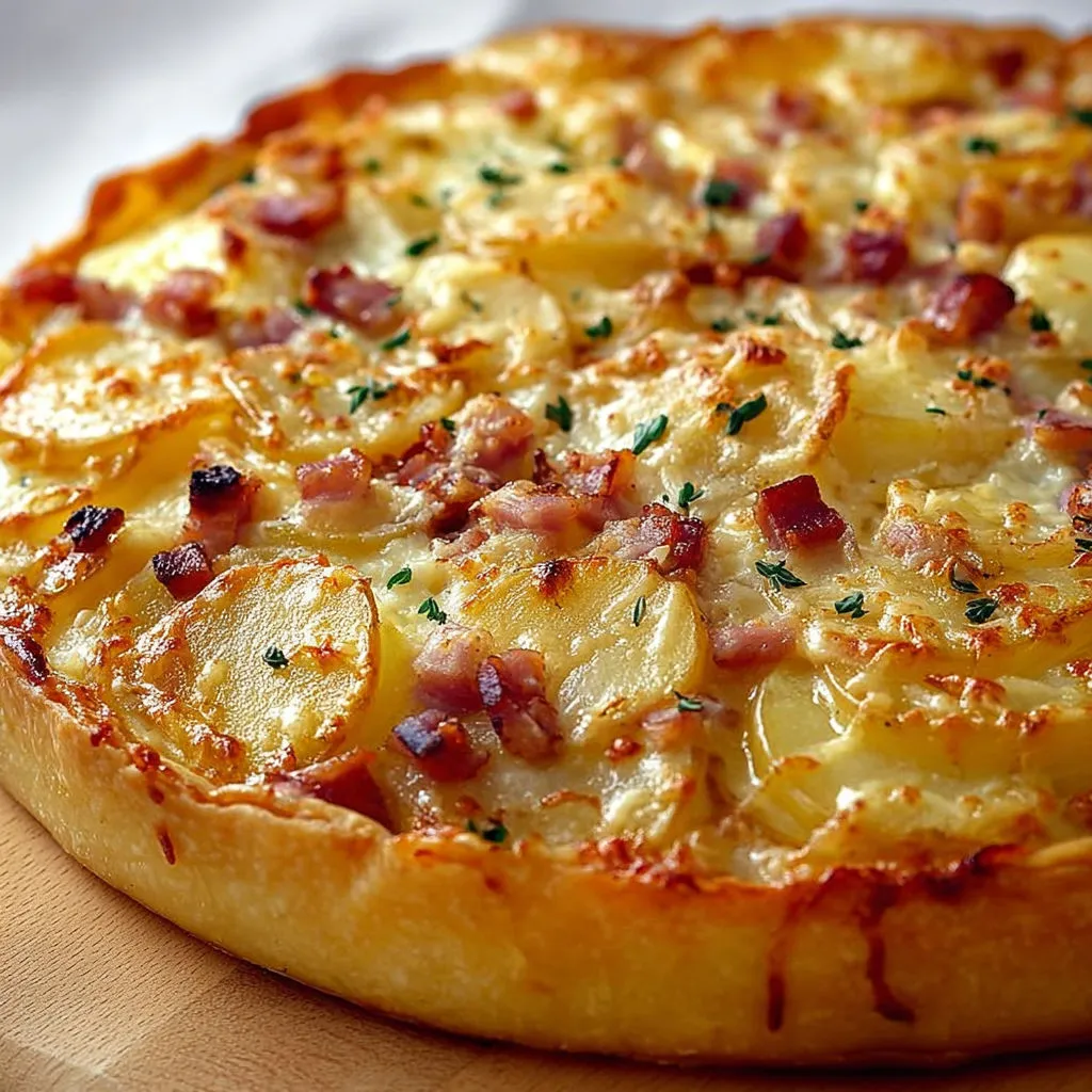 Tourte maison garnie de pommes de terre et bacon.
