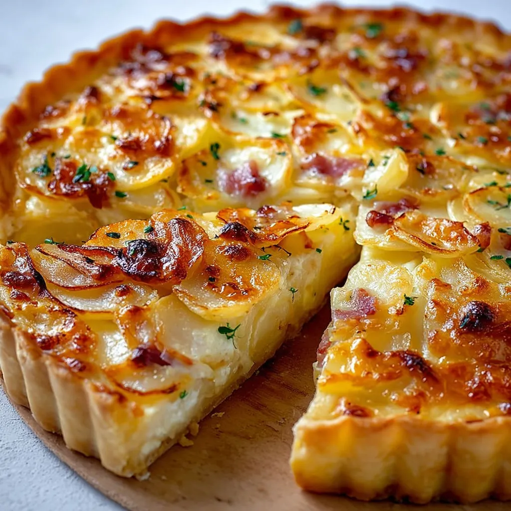 Tourte aux pommes de terre et bacon sur une planche en bois.