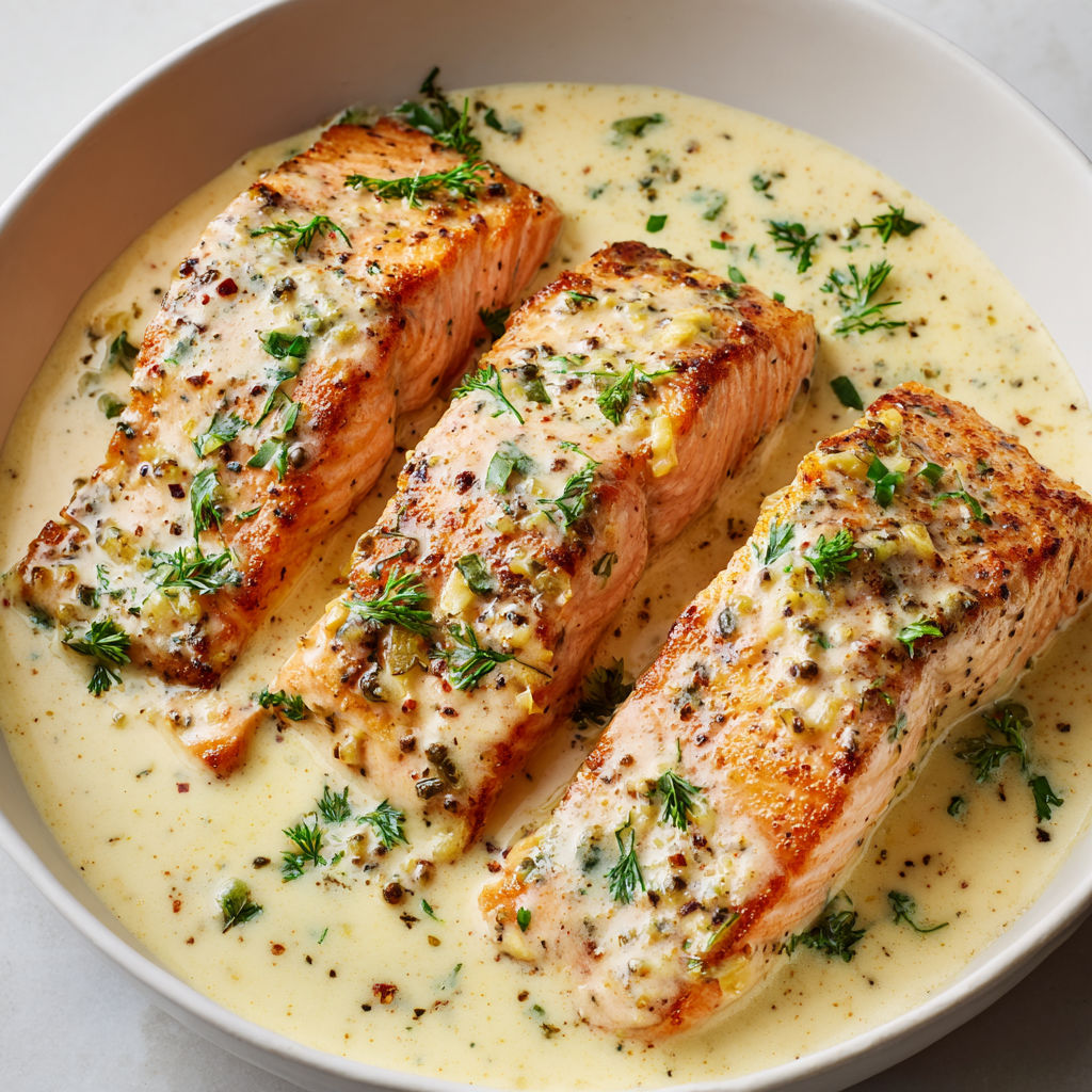 Saumon tendre nappé de crème à la moutarde.