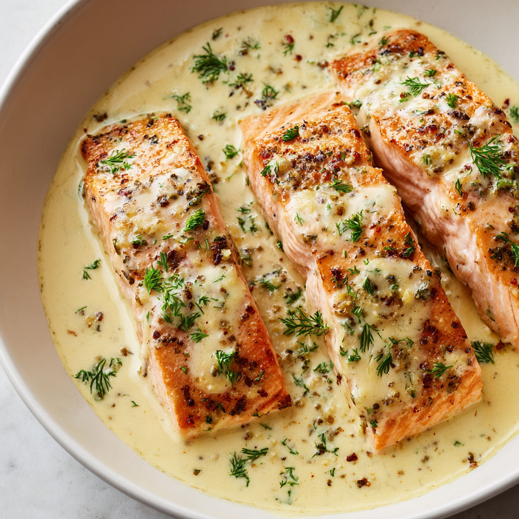 Plat de saumon nappé d’une sauce pimentée et herbes, dans un bol.