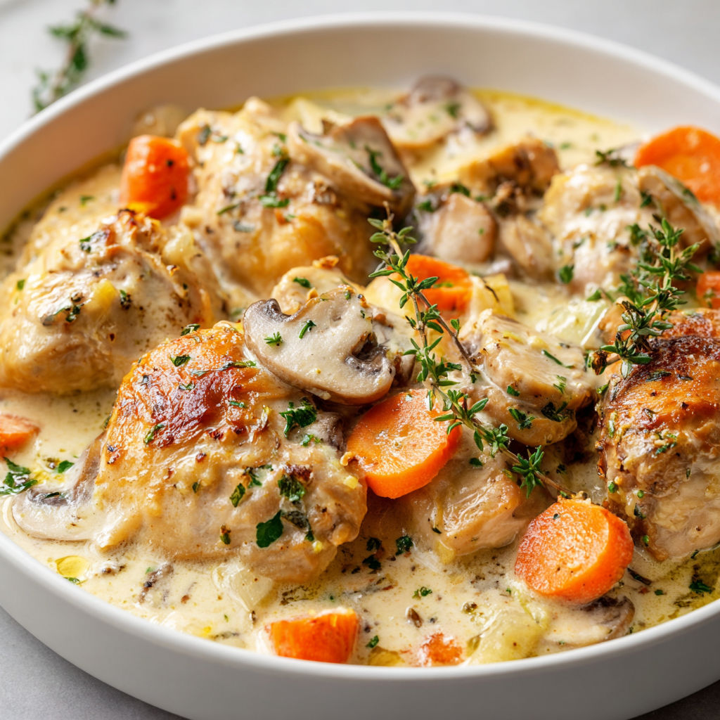 Un bol blanc contenant du poulet en sauce et des légumes.