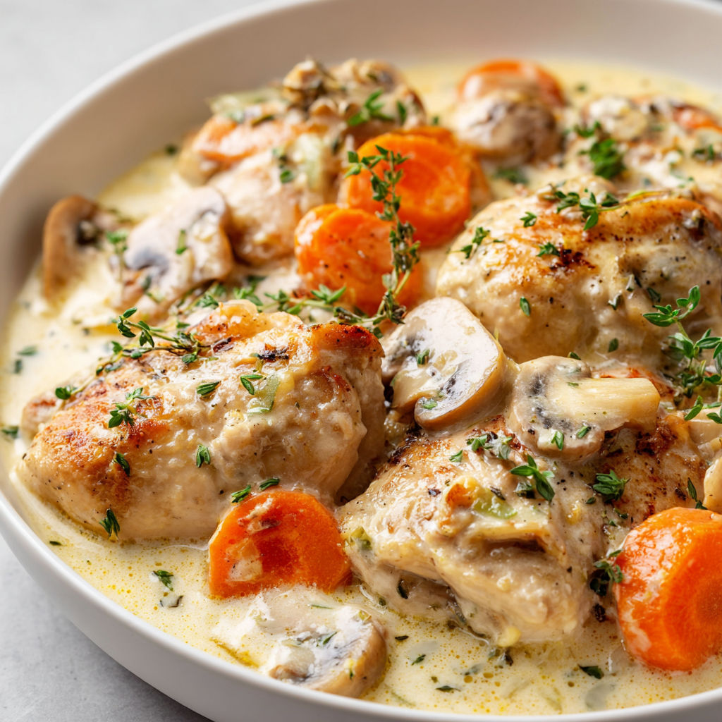 Plat de poulet, carottes, champignons, sauce crémeuse.