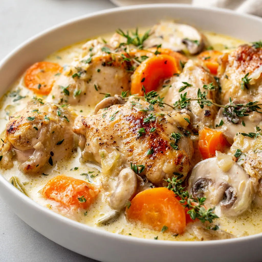 Poulet et légumes mijotés crémeux carottes champignons herbes.
