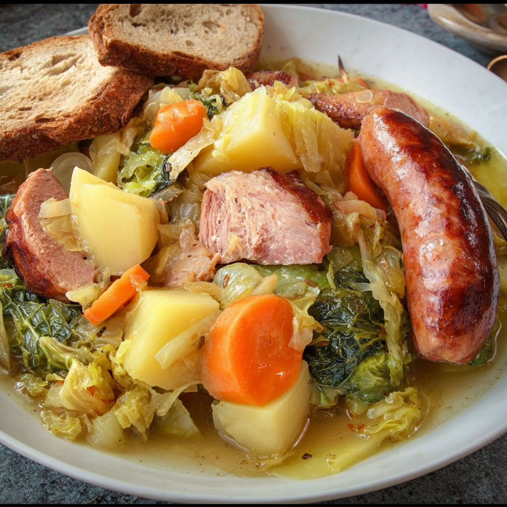 Servi chaud, ce plat traditionnel auvergnat mélange légumes fondants, viandes et pain grillé.