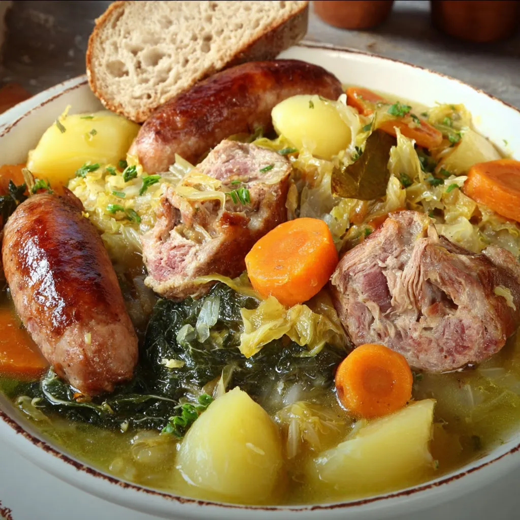 Un bol de soupe avec viande, légumes et du pain à côté.