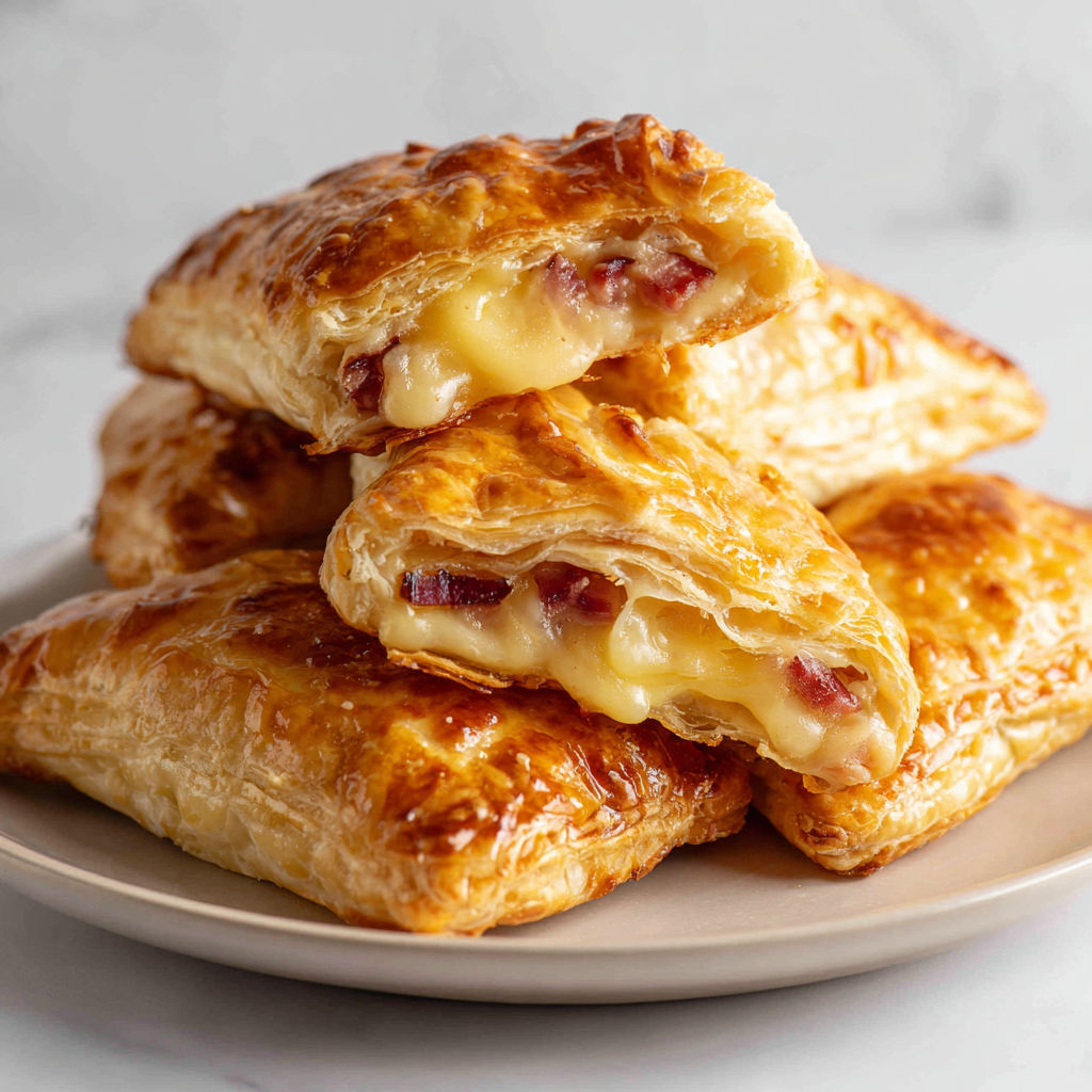 Une pile de mini chaussons fromage bacon sur un plateau.