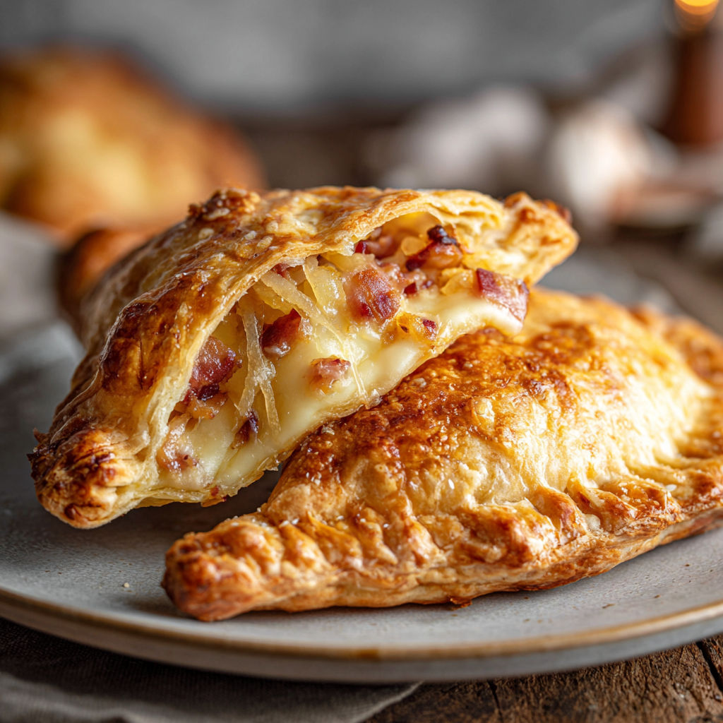 Un chausson bacon fromage doré sur une assiette.