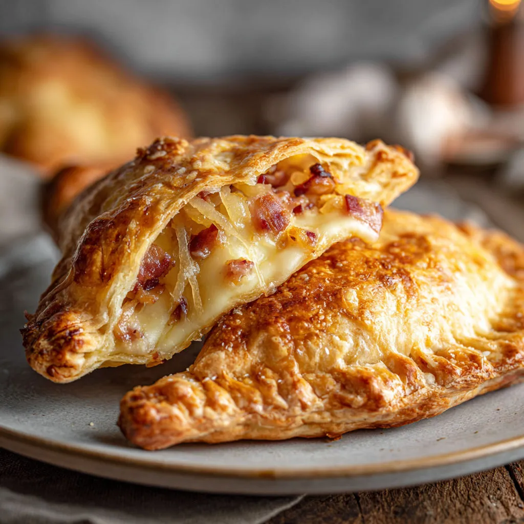 Un chausson bacon fromage doré sur une assiette.