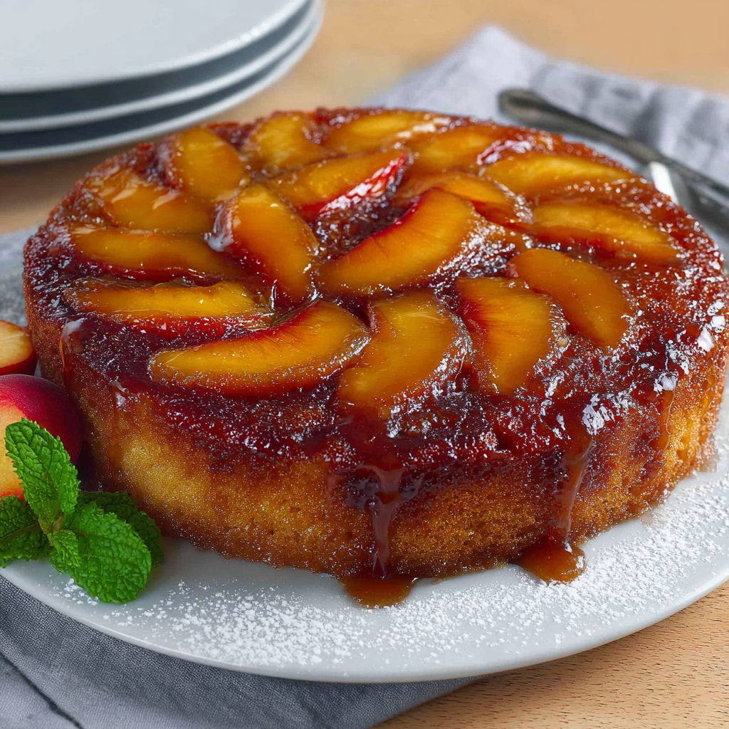 Gâteau renversé fondant aux pêches caramélisées sur un plat.