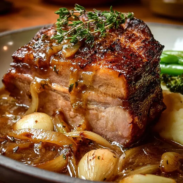Plat de porc fondant accompagné d’oignons confits et d’ail doux pour un repas chaleureux.