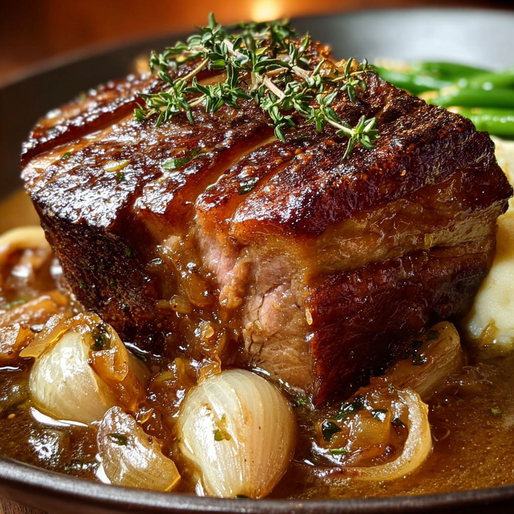 Rouelle de porc confite à l’ail et oignons dans un bol, toute dorée.