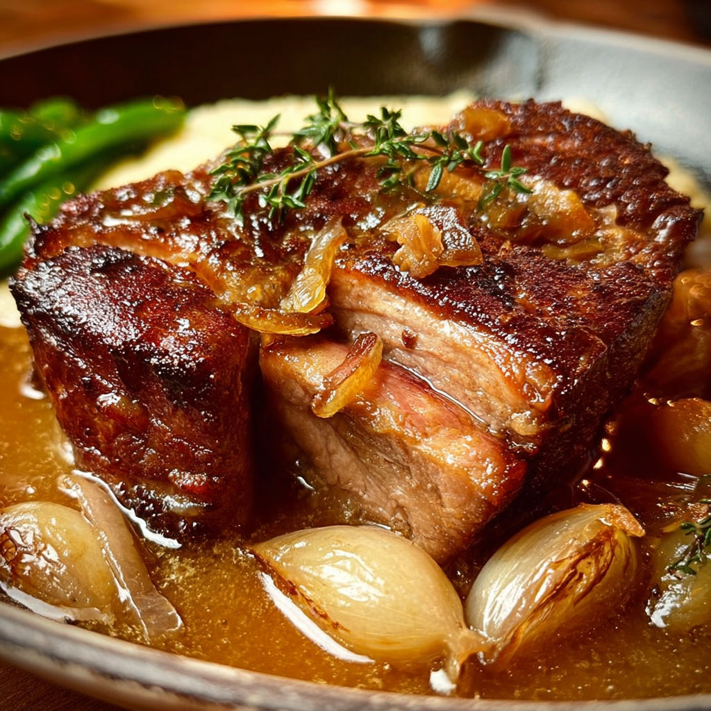 Rouelle de porc confite appétissante, nappée d’une sauce ail-oignons, sur assiette.