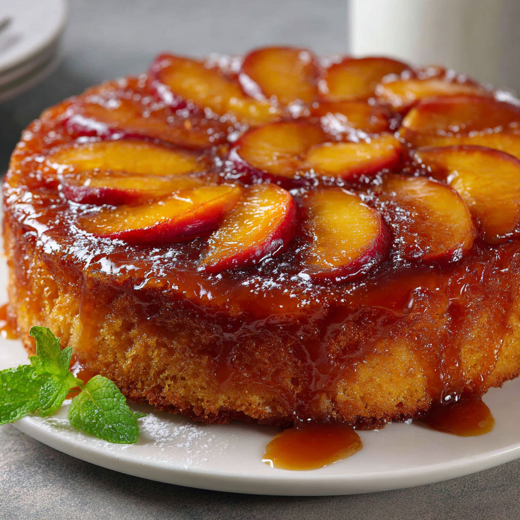 Un gâteau aux fruits nappé de miel et de menthe, présenté sur un plateau.