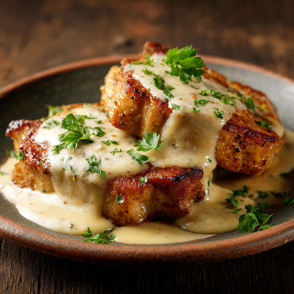 Un plat de porc croustillant et tendre avec des frites, servi dans une assiette rustique.