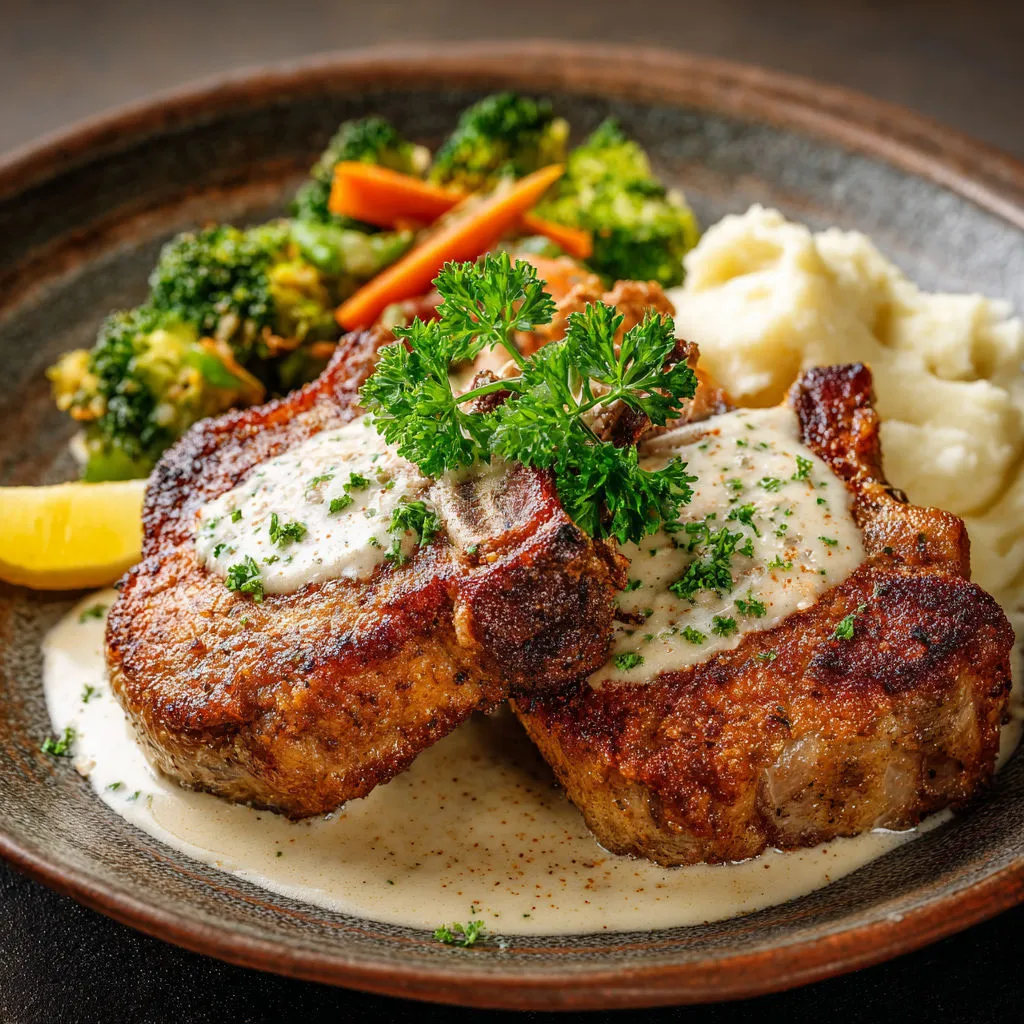 Assiette de côtelettes de porc bien croustillantes avec pommes de terre et légumes verts.