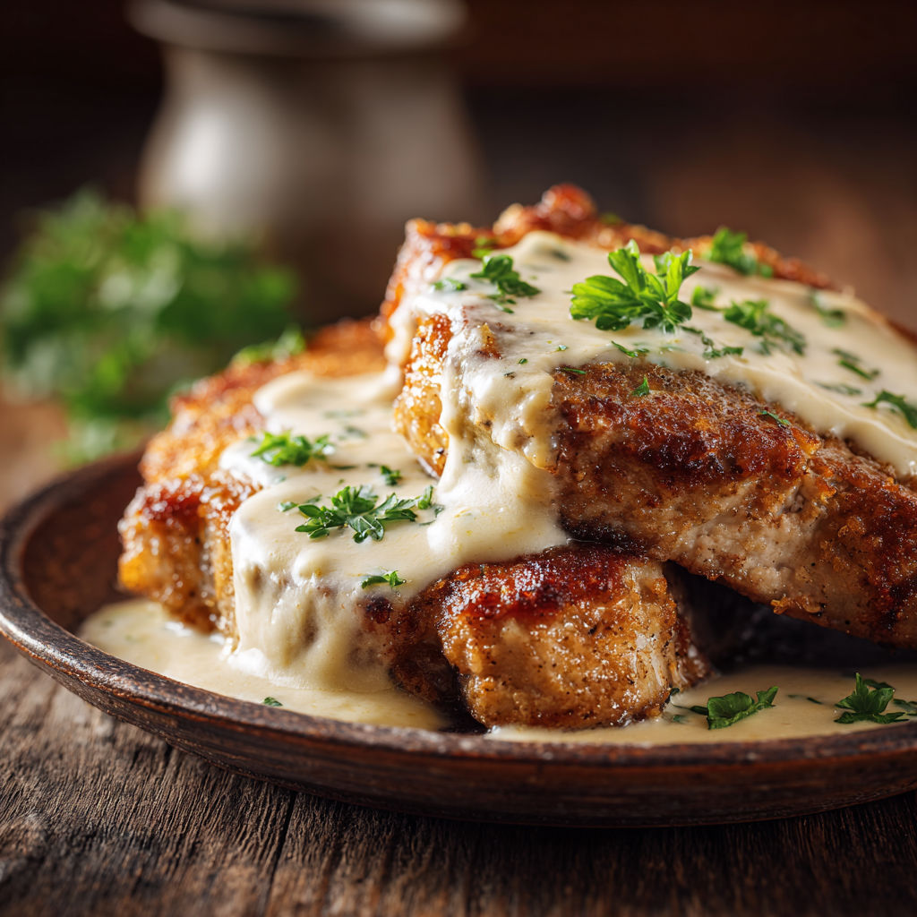 Assiette de côtelettes de porc panées bien croustillantes avec une sauce au beurre.