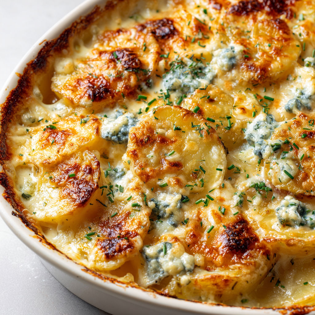 Un plat crémeux de pommes de terre gratinées au bleu, servi dans un bol.