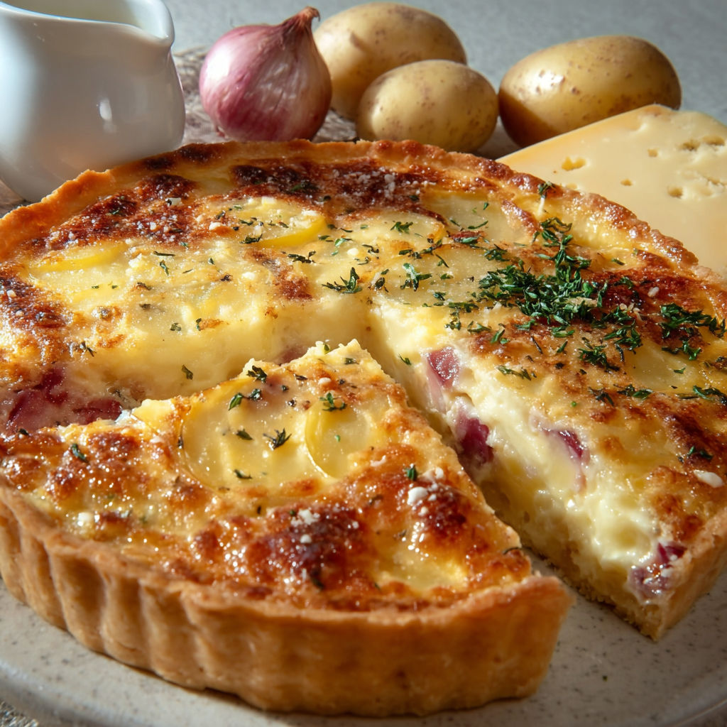 Une quiche à la raclette posée sur une planche avec des patates et des oignons.