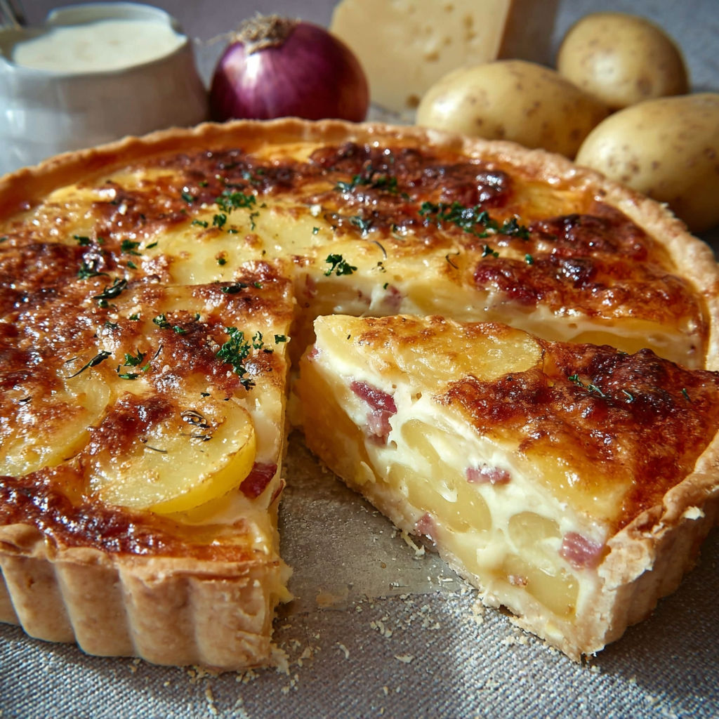 Une quiche façon raclette posée sur une table avec des pommes et des oignons.