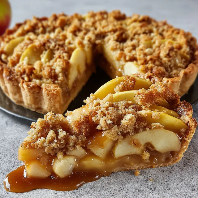 Une délicieuse tarte aux pommes crumble servie sur une assiette festive.