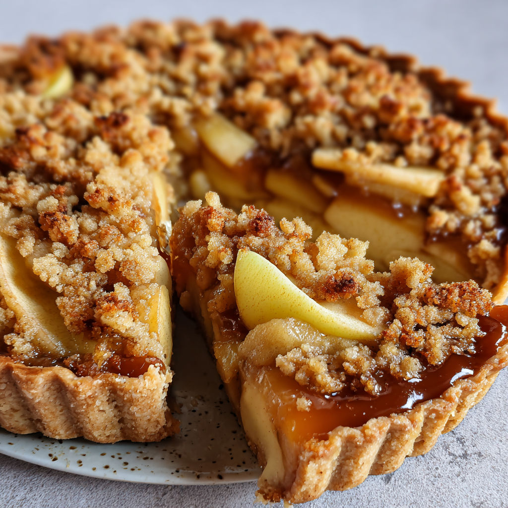 Tarte aux pommes sortie du four, croustillante avec une part bien dorée et de la compote visible.