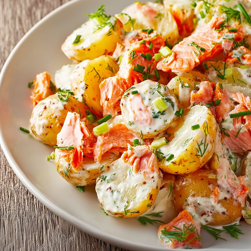 Un plat de pommes de terre avec saumon et herbes fraîches, joliment présenté.