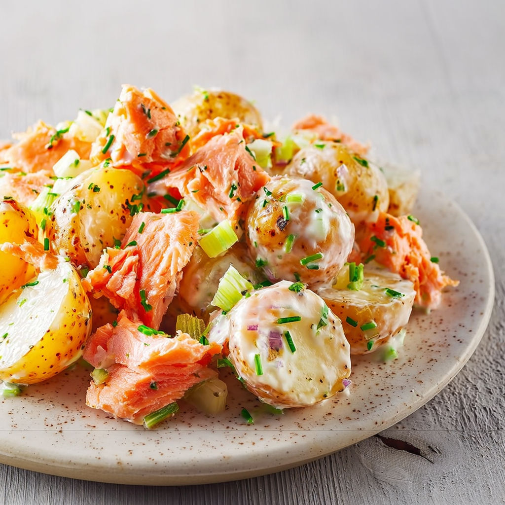 Salade de saumon et pommes de terre avec herbes fraîches.